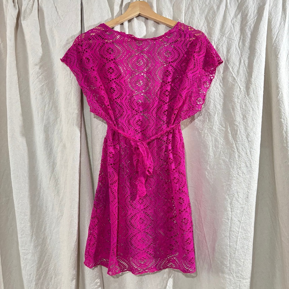 BECCA by Rebecca Virtue Pink Crochet Lace Swimsuit Coverup Dress XS 9439371